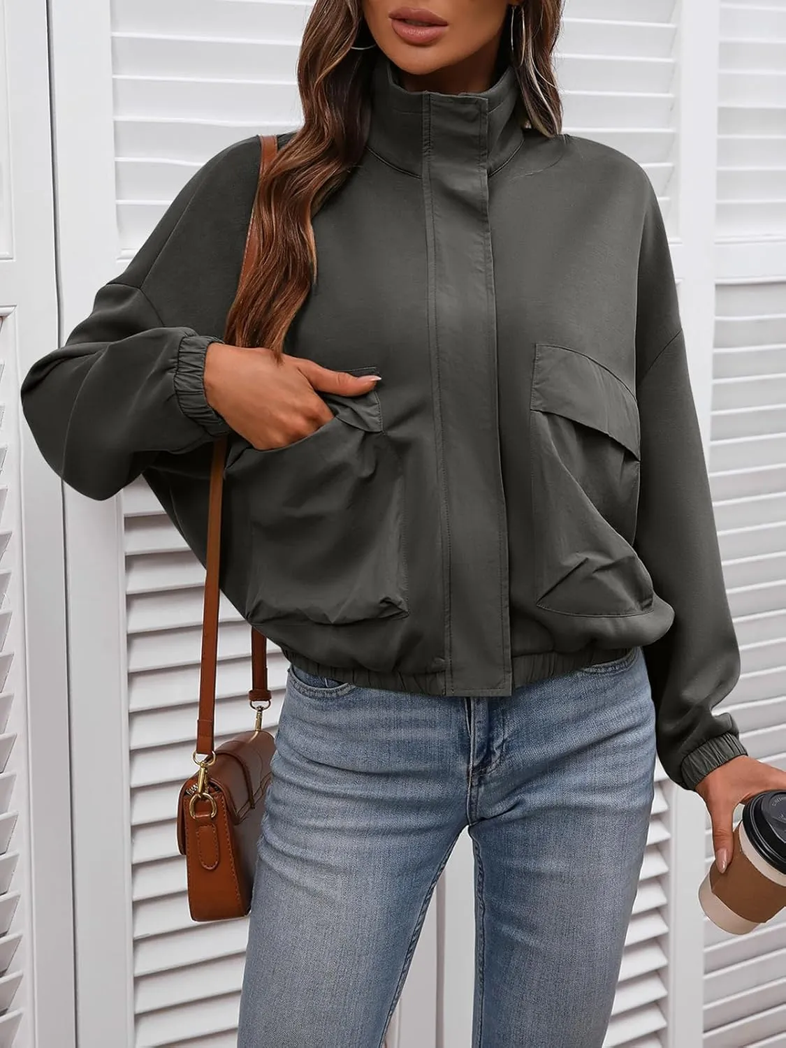 Women's Cropped Oversized Safari Jackets Zip Up Stand Collar Neck Long Sleeve Utility Anorak jacket with Pocket