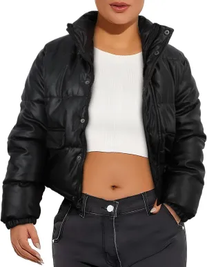 Women's Cropped Puffer Jacket Tight Short Winter Stand Collar Zip Up Warm Down Coats