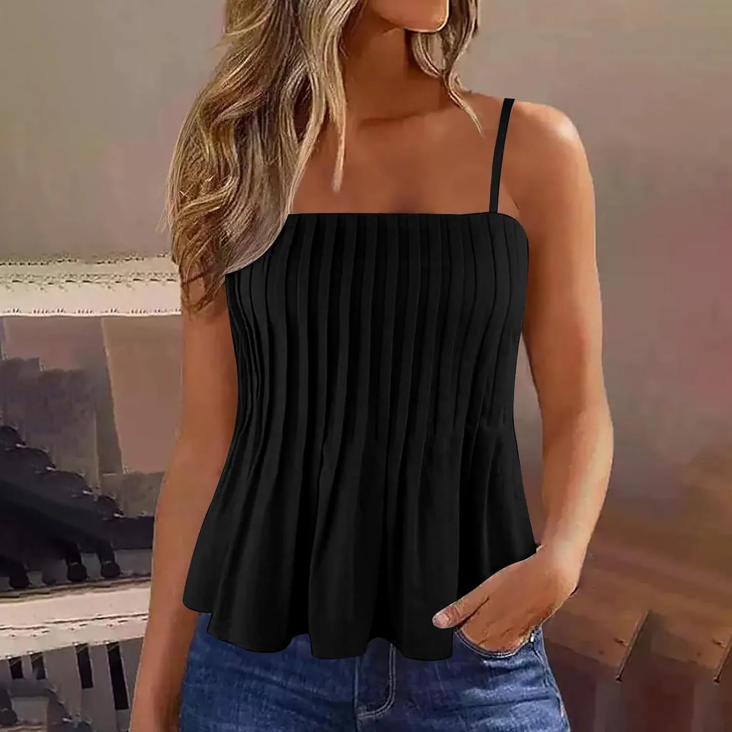 Women's Cute Camisole Adjustable Spaghetti Strap Peplum Tops Flowy Pleated Crop Tops Loose Fit Flare Babydoll Shirts