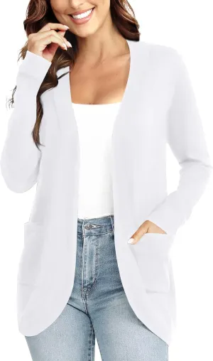 Women's Elegant Lightweight Long Sleeve Cardigan Curved Hem Open Front Knit Sweater with Pockets