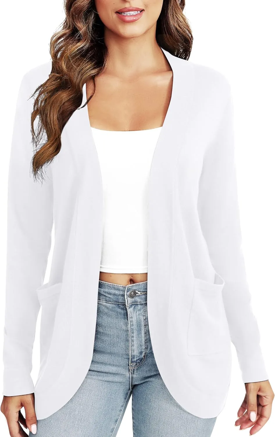 Women's Elegant Lightweight Long Sleeve Cardigan Curved Hem Open Front Knit Sweater with Pockets