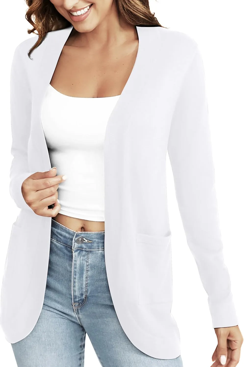 Women's Elegant Lightweight Long Sleeve Cardigan Curved Hem Open Front Knit Sweater with Pockets