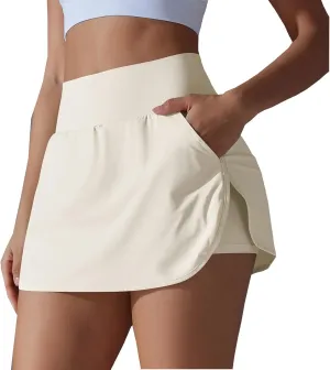 Womens Fake Two-Piece Athletic Tennis Skorts Elastic High Waist Cool Sun Protection Yoga Fitness Sports Skirts Shorts