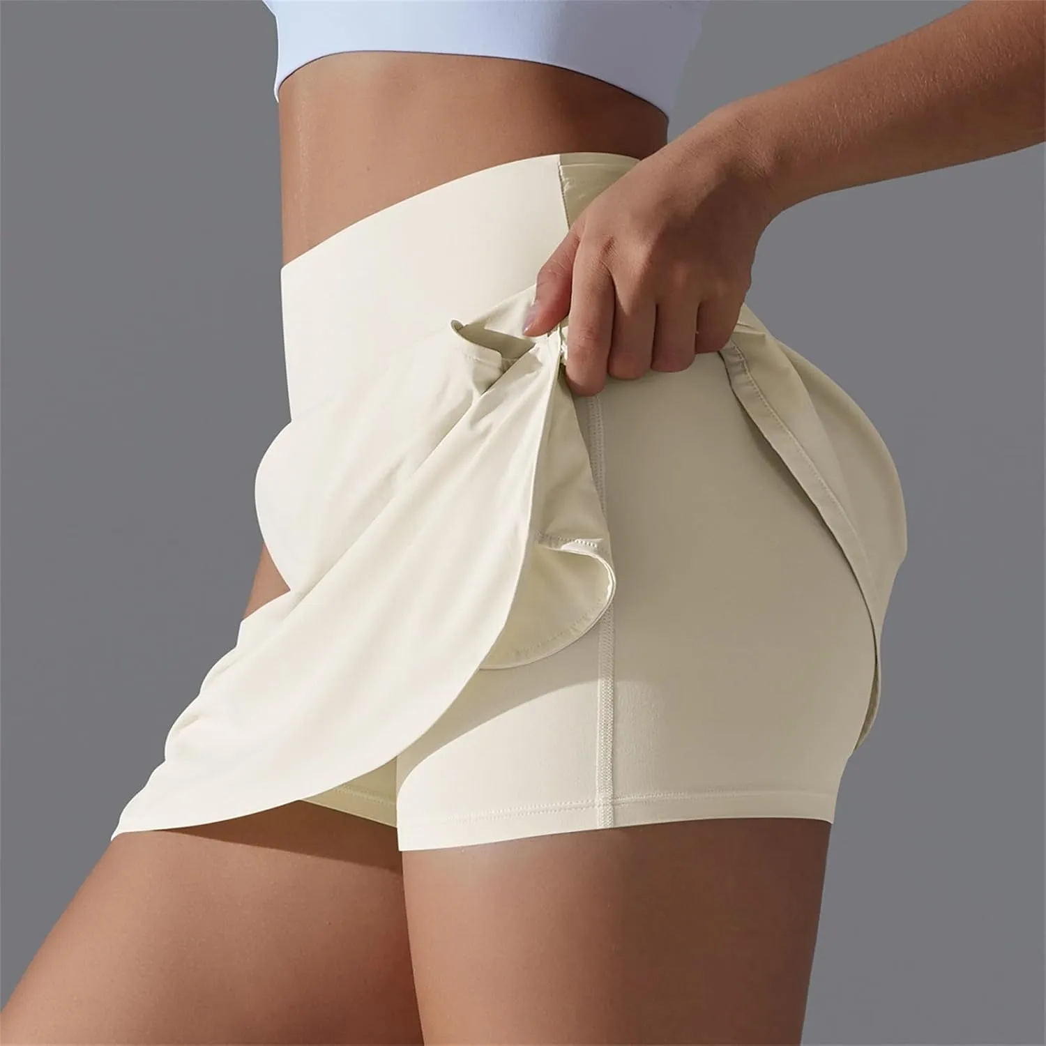 Womens Fake Two-Piece Athletic Tennis Skorts Elastic High Waist Cool Sun Protection Yoga Fitness Sports Skirts Shorts