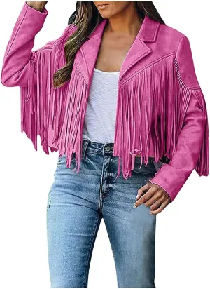 Women's Faux Suede Tassel Leather Jackets Long Sleeve Short Fringe Jacket Motorcycle Lapel Open Front Outerwear