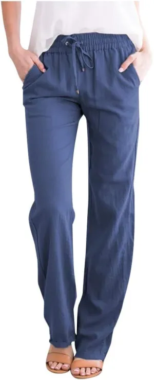 Womens High Waist Drawstring Comfy Casual Wide Leg Pants Lightweight Loose Solid Trousers with Pockets