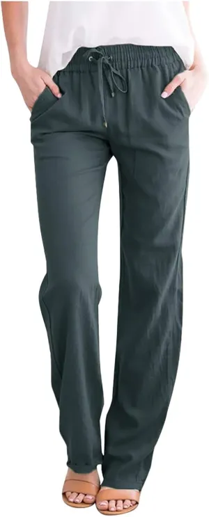 Womens High Waist Drawstring Comfy Casual Wide Leg Pants Lightweight Loose Solid Trousers with Pockets