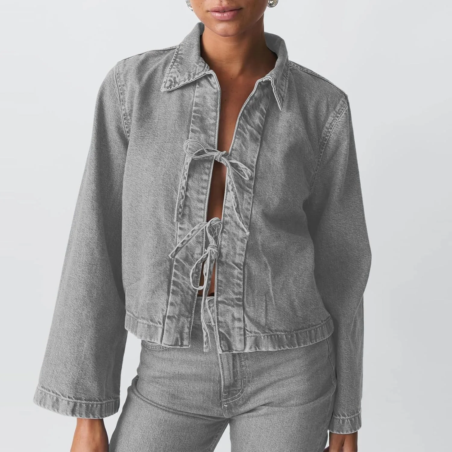 Womens Jean Jacket Tie Front Denim Jacket Lapel Neck Solid Color Long Sleeve Casual Crop Jean Shirts Fall Coat
