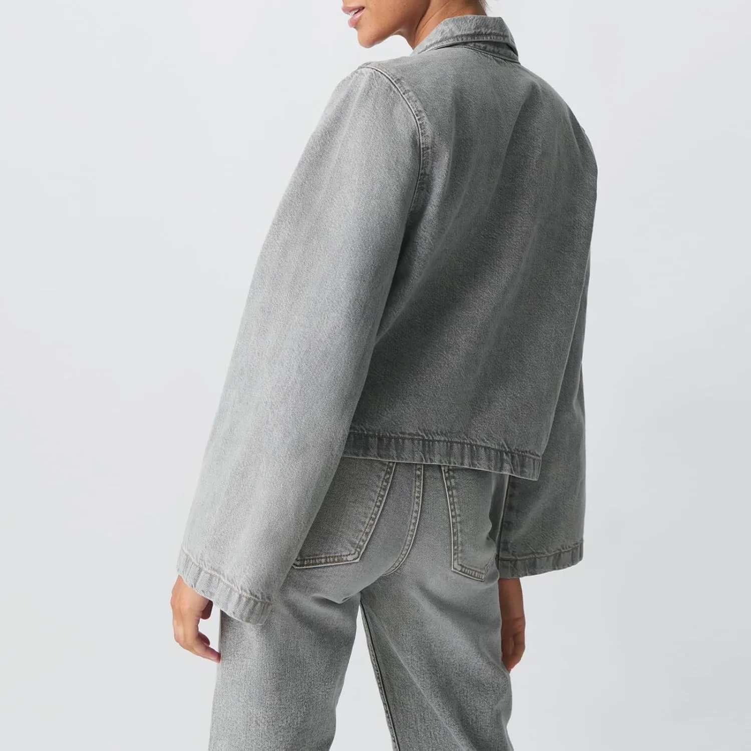 Womens Jean Jacket Tie Front Denim Jacket Lapel Neck Solid Color Long Sleeve Casual Crop Jean Shirts Fall Coat