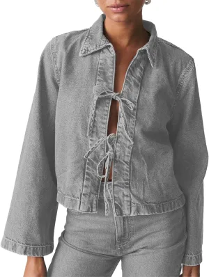 Womens Jean Jacket Tie Front Denim Jacket Lapel Neck Solid Color Long Sleeve Casual Crop Jean Shirts Fall Coat