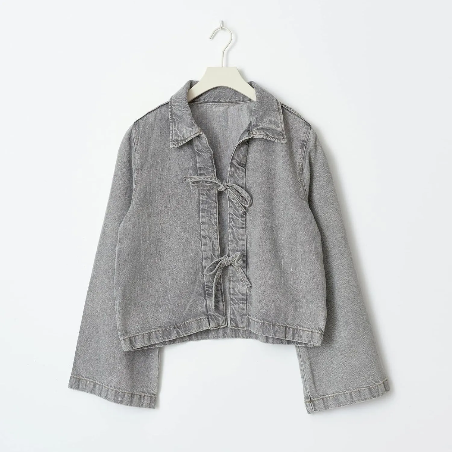 Womens Jean Jacket Tie Front Denim Jacket Lapel Neck Solid Color Long Sleeve Casual Crop Jean Shirts Fall Coat