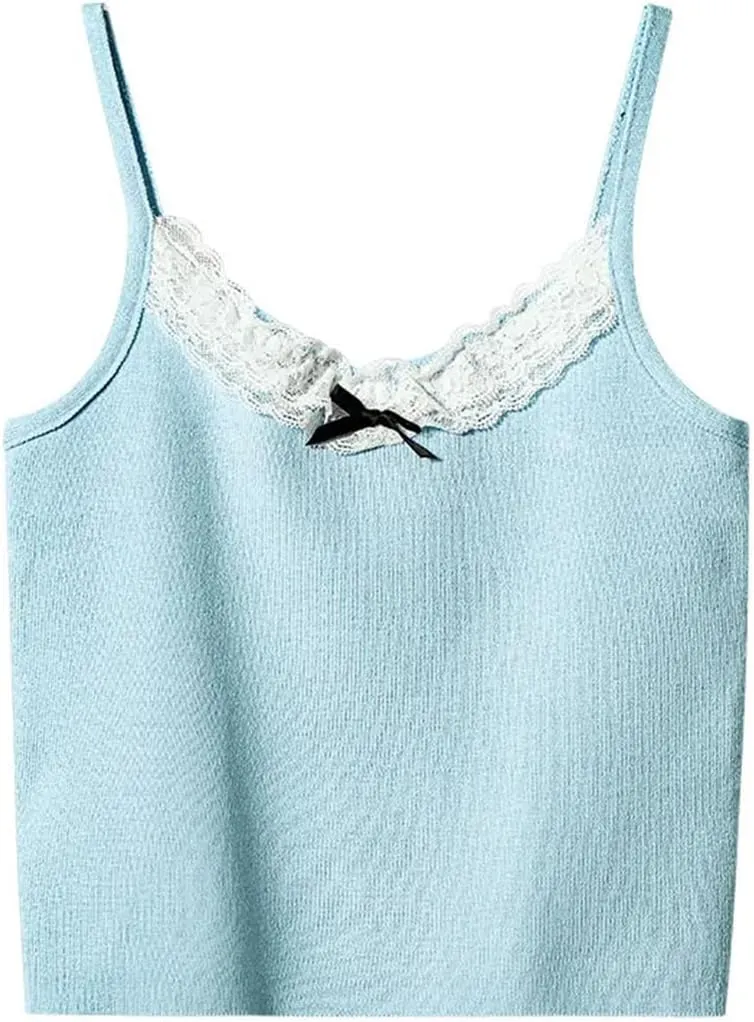 Women's Lace Edged Bow Sleeveless Camisole Off-Shoulder Backless Short Slim Suspender Top