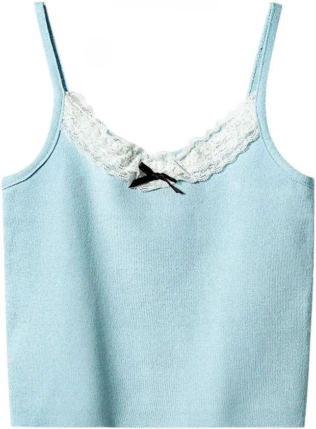 Women's Lace Edged Bow Sleeveless Camisole Off-Shoulder Backless Short Slim Suspender Top