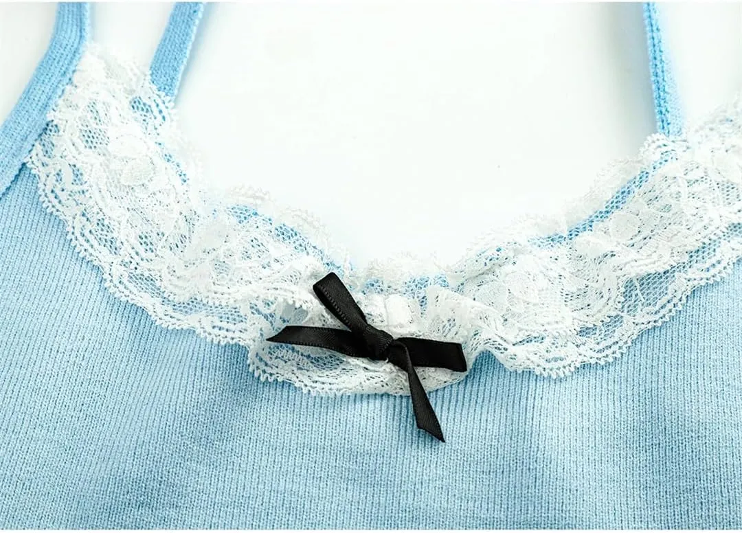 Women's Lace Edged Bow Sleeveless Camisole Off-Shoulder Backless Short Slim Suspender Top