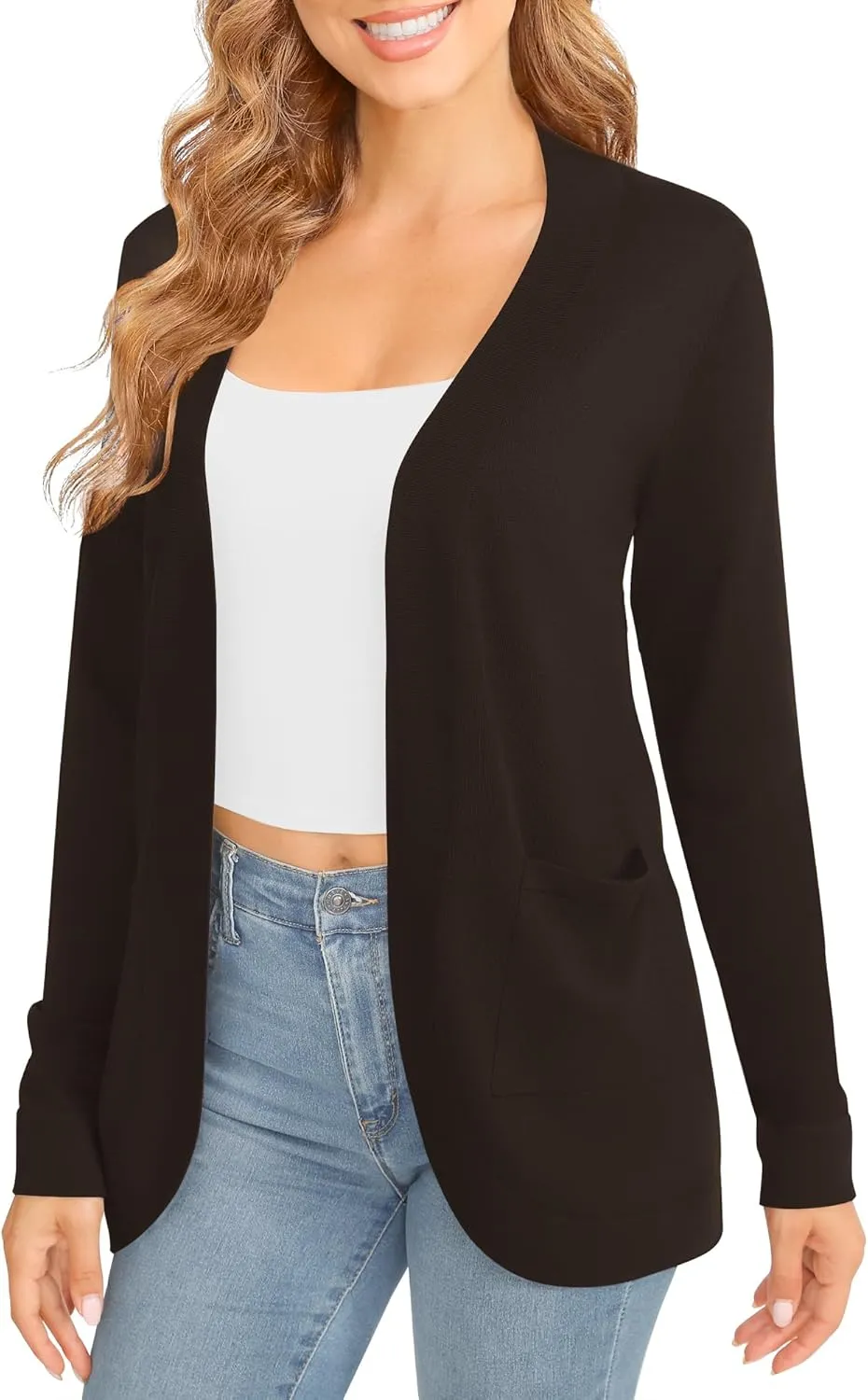 Women's Lightweight Long Sleeve Cardigan Curved Hem Knit Sweater with Pockets