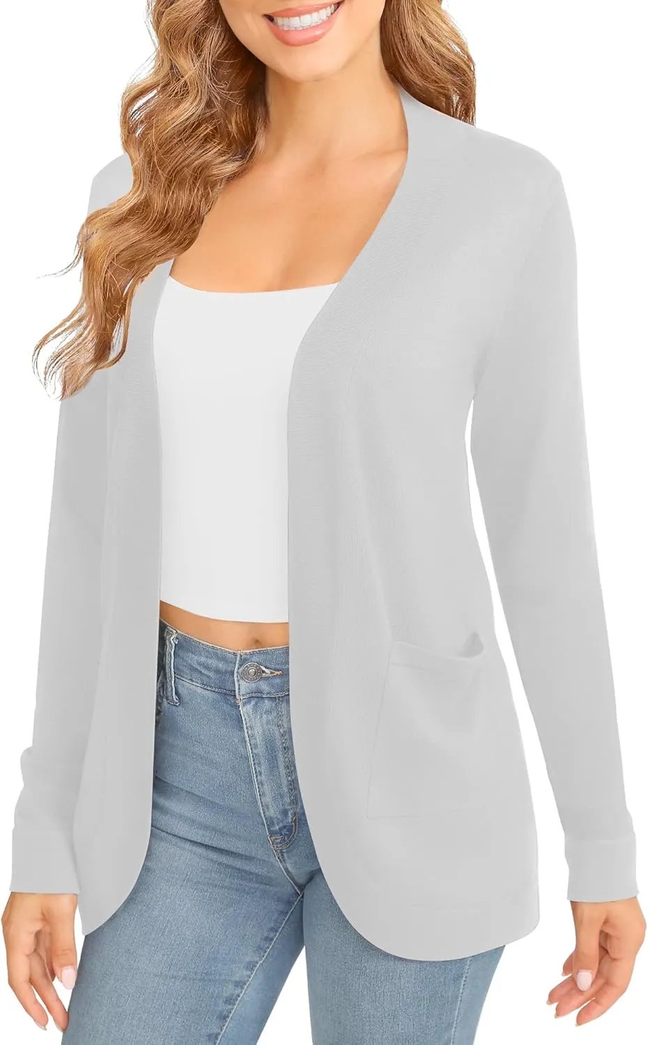 Women's Lightweight Long Sleeve Cardigan Curved Hem Knit Sweater with Pockets