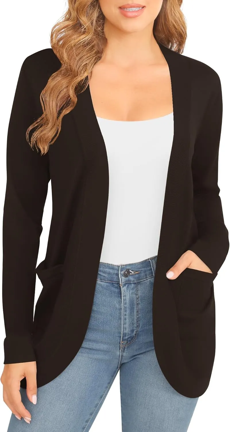 Women's Lightweight Long Sleeve Cardigan Curved Hem Knit Sweater with Pockets