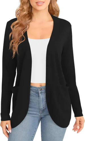 Women's Lightweight Long Sleeve Cardigan Curved Hem Knit Sweater with Pockets