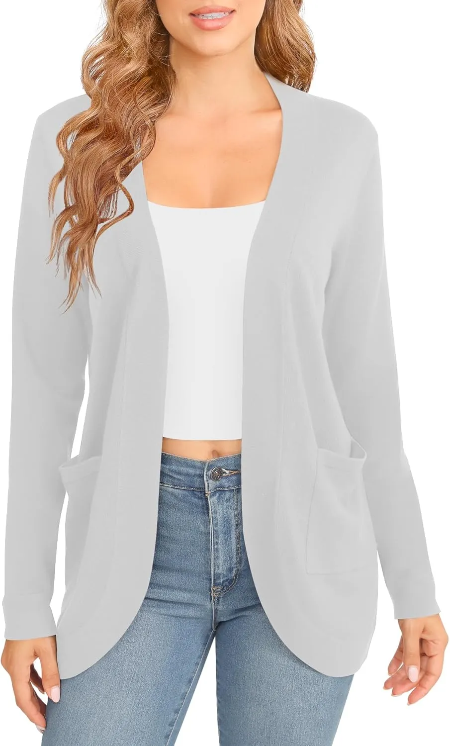 Women's Lightweight Long Sleeve Cardigan Curved Hem Knit Sweater with Pockets