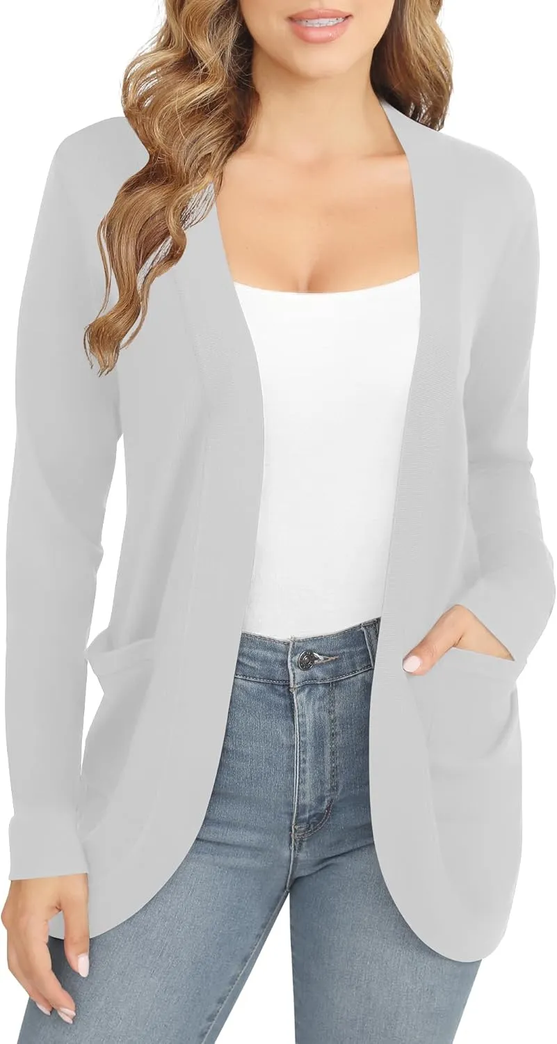 Women's Lightweight Long Sleeve Cardigan Curved Hem Knit Sweater with Pockets