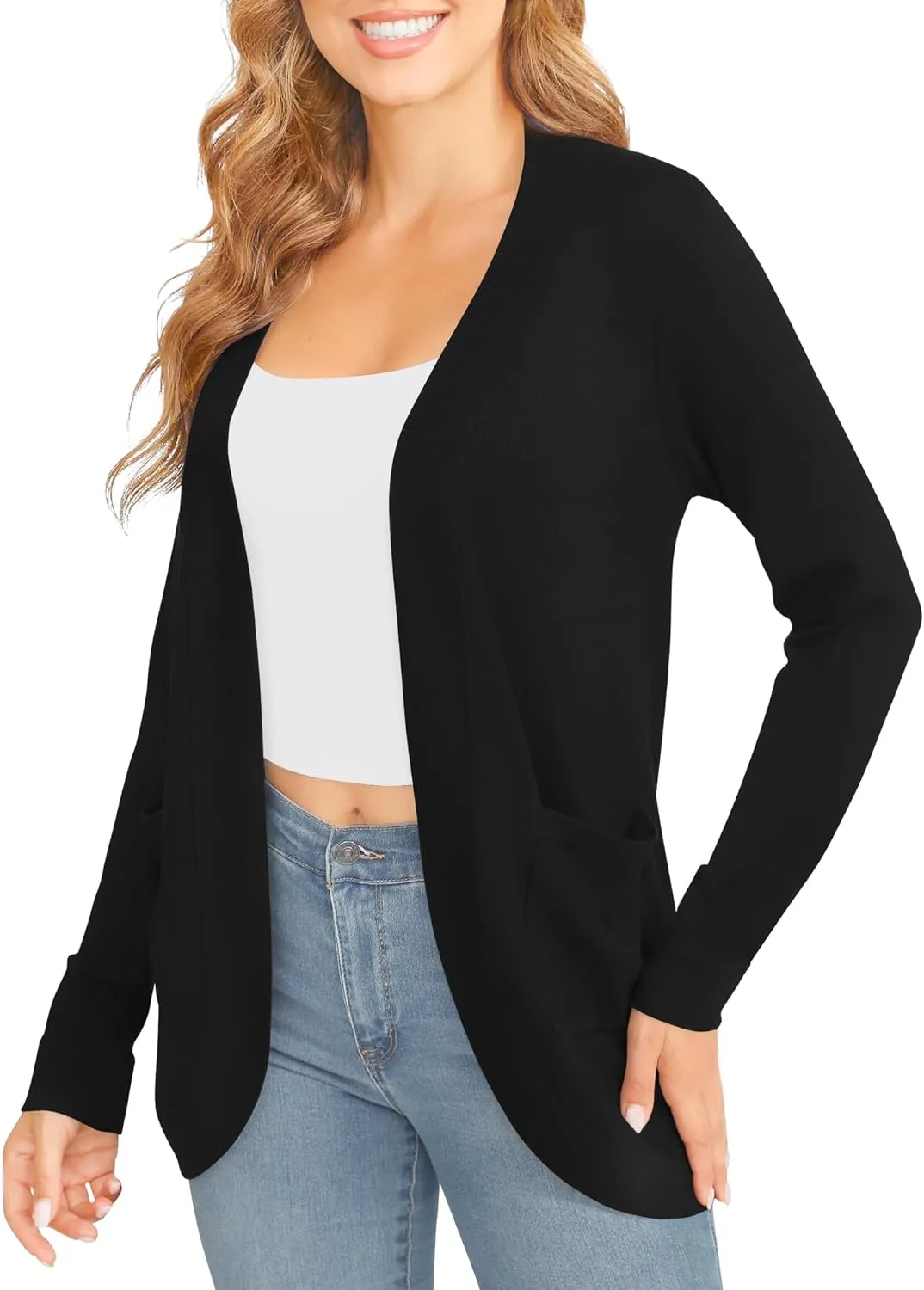 Women's Lightweight Long Sleeve Cardigan Curved Hem Knit Sweater with Pockets