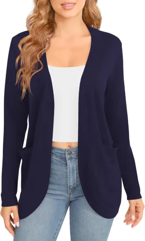 Women's Lightweight Long Sleeve Cardigan Curved Hem Knit Sweater with Pockets