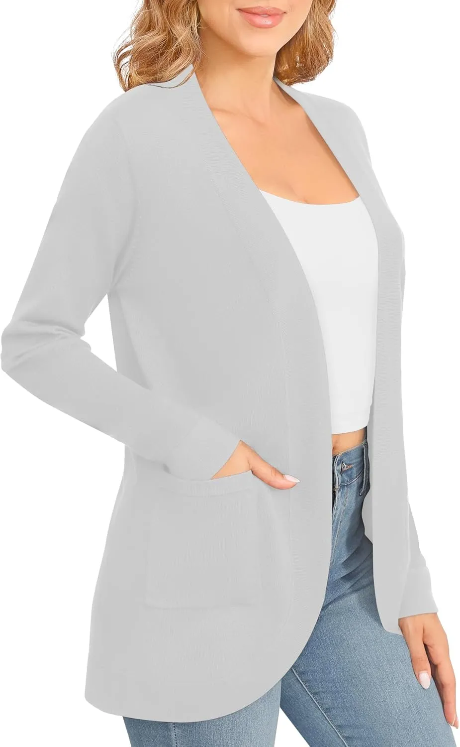 Women's Lightweight Long Sleeve Cardigan Curved Hem Knit Sweater with Pockets