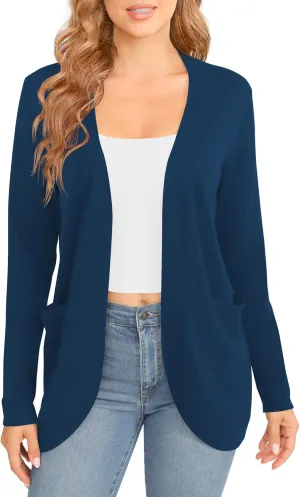 Women's Lightweight Long Sleeve Cardigan Curved Hem Knit Sweater with Pockets