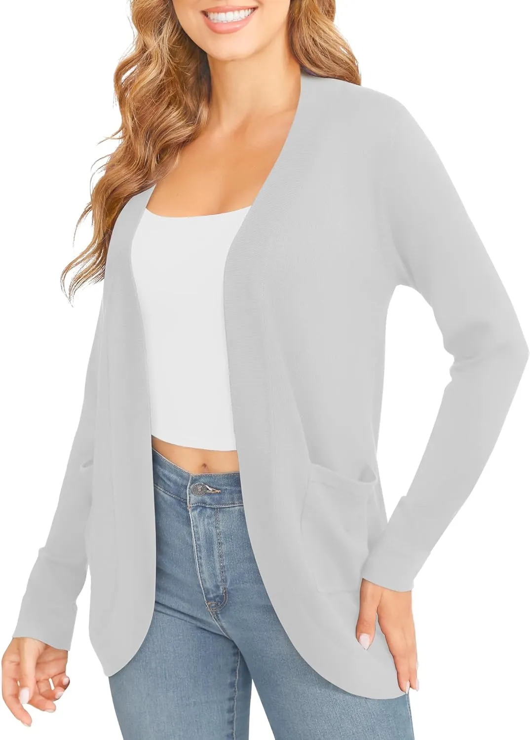 Women's Lightweight Long Sleeve Cardigan Curved Hem Knit Sweater with Pockets
