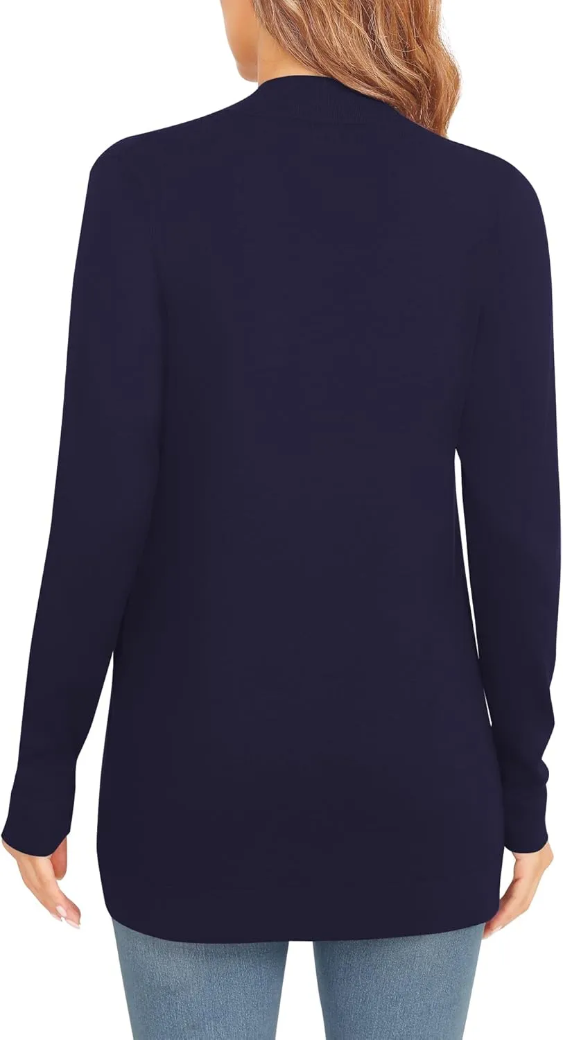 Women's Lightweight Long Sleeve Cardigan Curved Hem Knit Sweater with Pockets