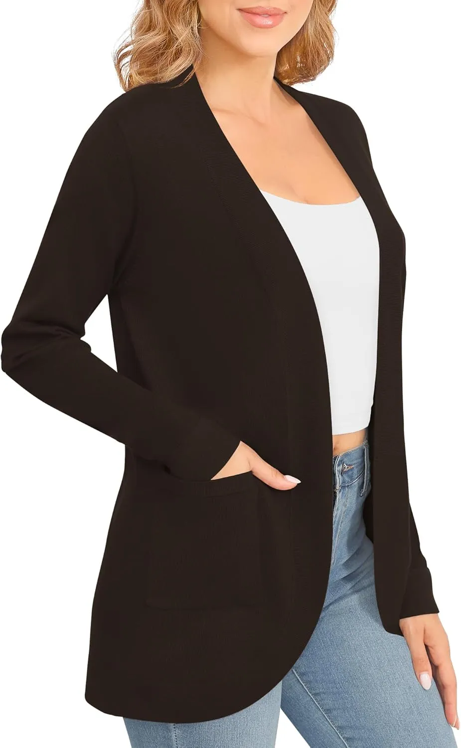 Women's Lightweight Long Sleeve Cardigan Curved Hem Knit Sweater with Pockets