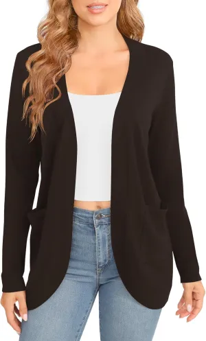 Women's Lightweight Long Sleeve Cardigan Curved Hem Knit Sweater with Pockets
