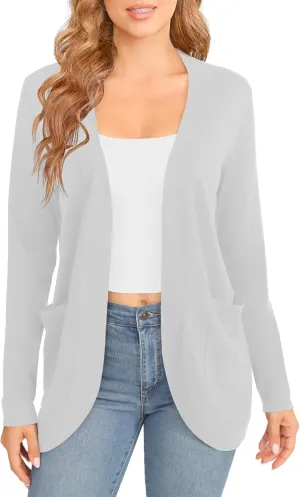 Women's Lightweight Long Sleeve Cardigan Curved Hem Knit Sweater with Pockets