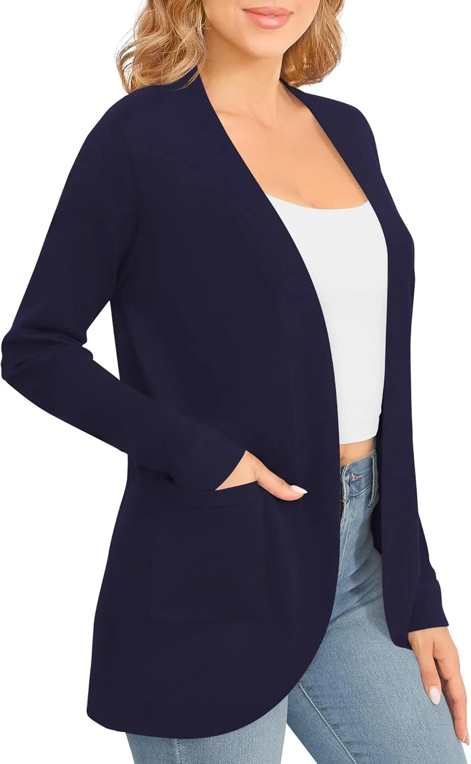 Women's Lightweight Long Sleeve Cardigan Curved Hem Knit Sweater with Pockets