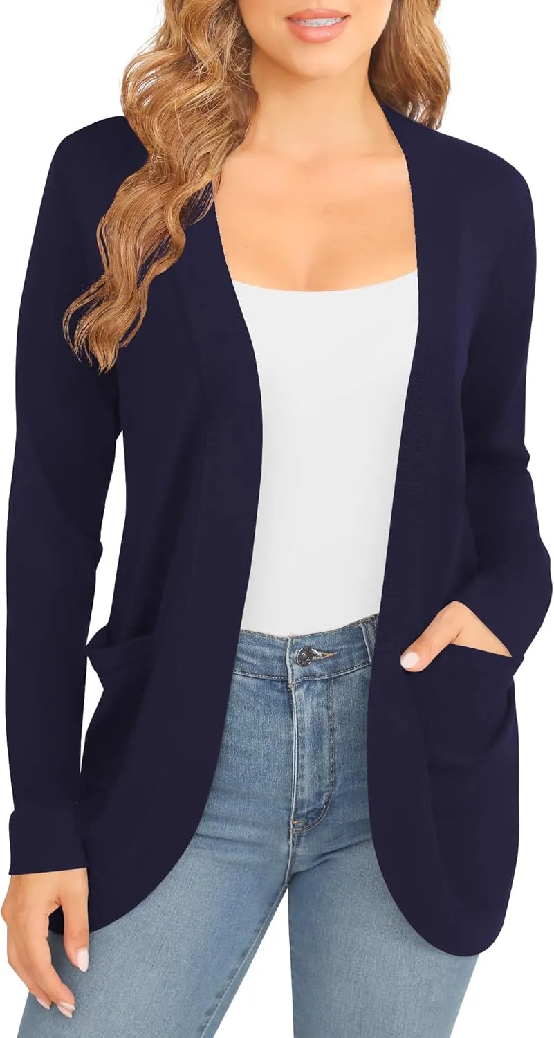 Women's Lightweight Long Sleeve Cardigan Curved Hem Knit Sweater with Pockets