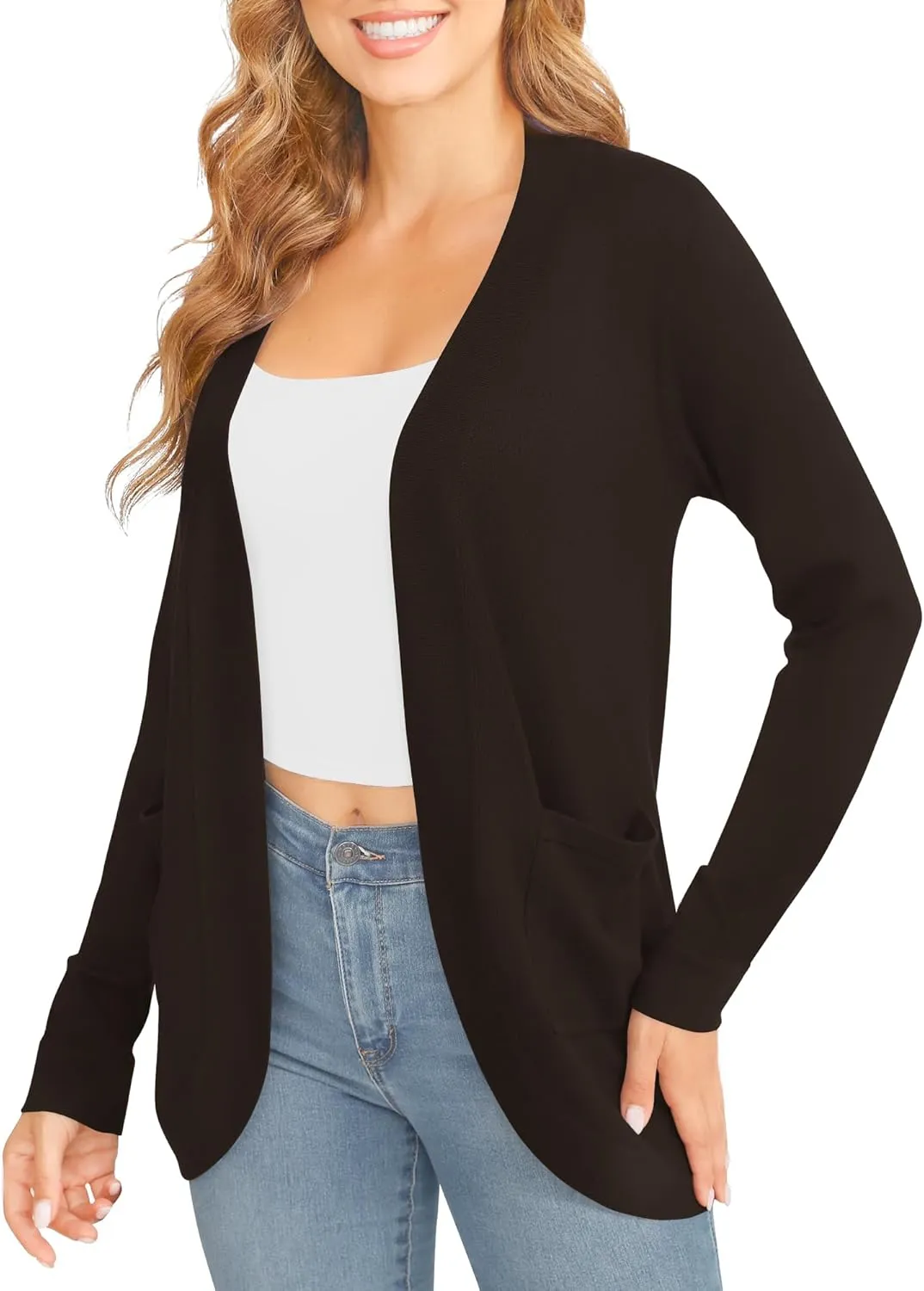 Women's Lightweight Long Sleeve Cardigan Curved Hem Knit Sweater with Pockets