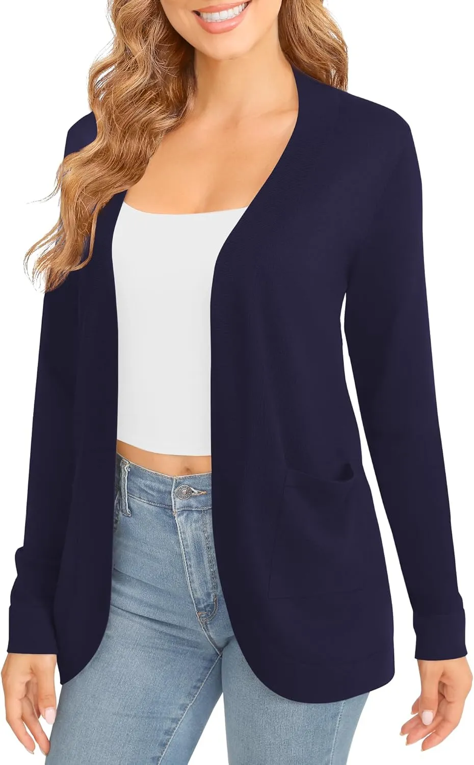 Women's Lightweight Long Sleeve Cardigan Curved Hem Knit Sweater with Pockets