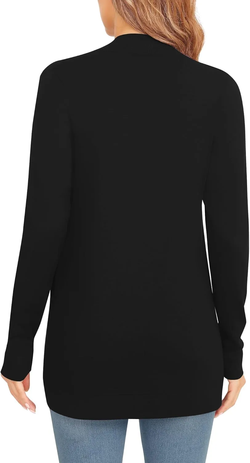 Women's Lightweight Long Sleeve Cardigan Curved Hem Knit Sweater with Pockets