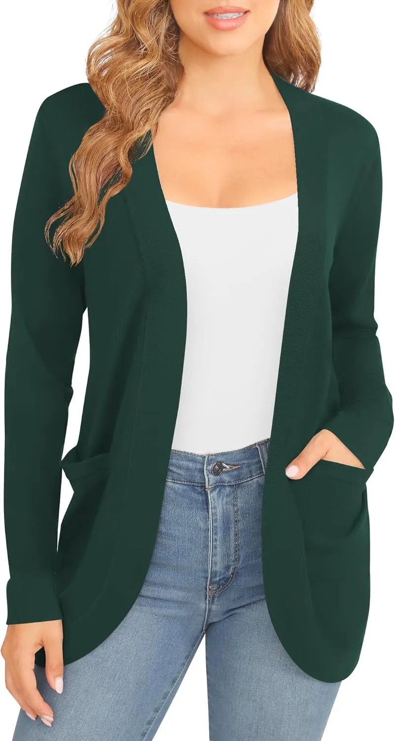 Women's Lightweight Long Sleeve Cardigan Curved Hem Knit Sweater with Pockets