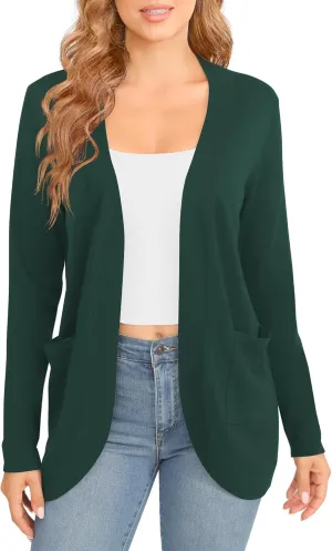 Women's Lightweight Long Sleeve Cardigan Curved Hem Knit Sweater with Pockets
