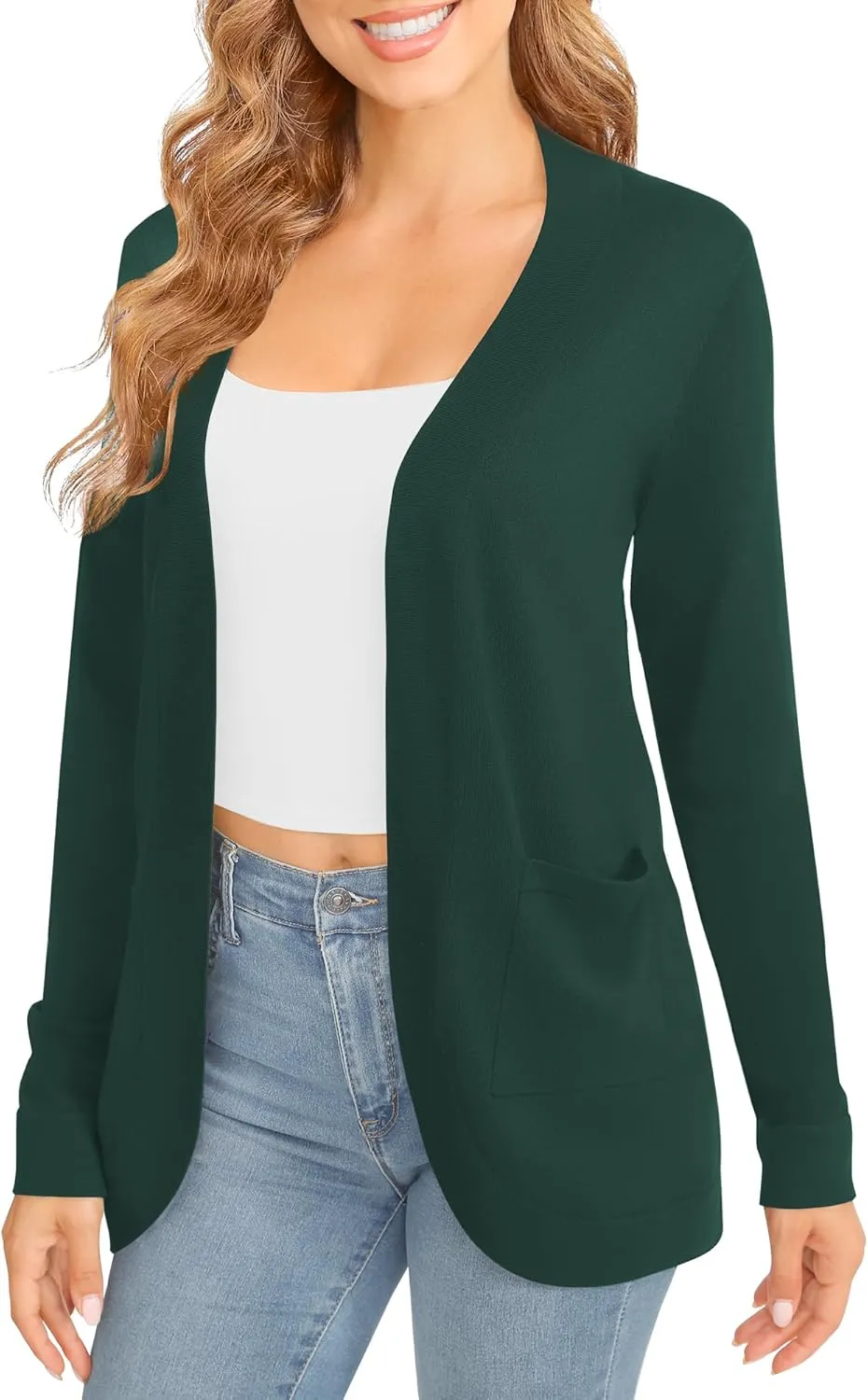 Women's Lightweight Long Sleeve Cardigan Curved Hem Knit Sweater with Pockets