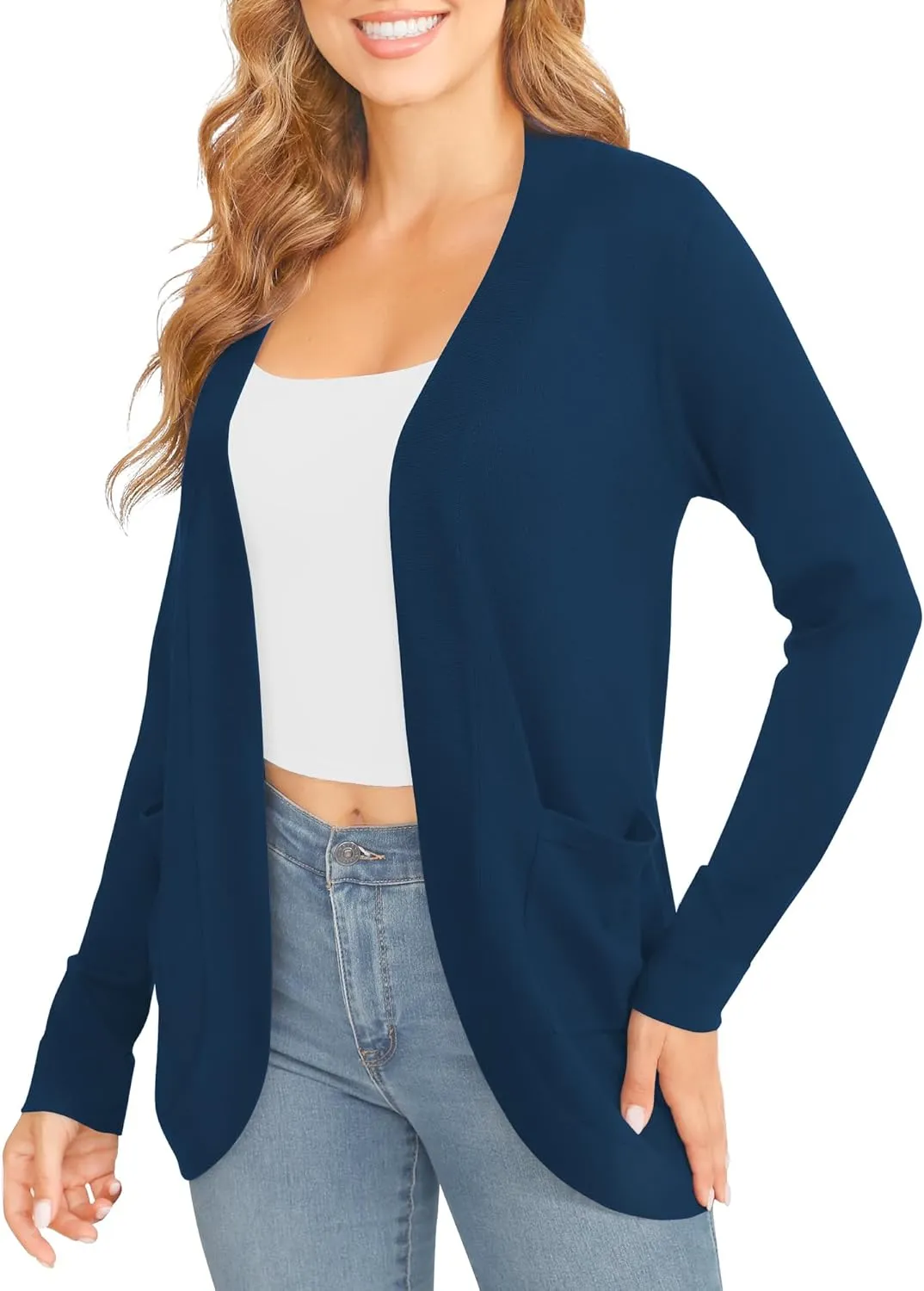 Women's Lightweight Long Sleeve Cardigan Curved Hem Knit Sweater with Pockets