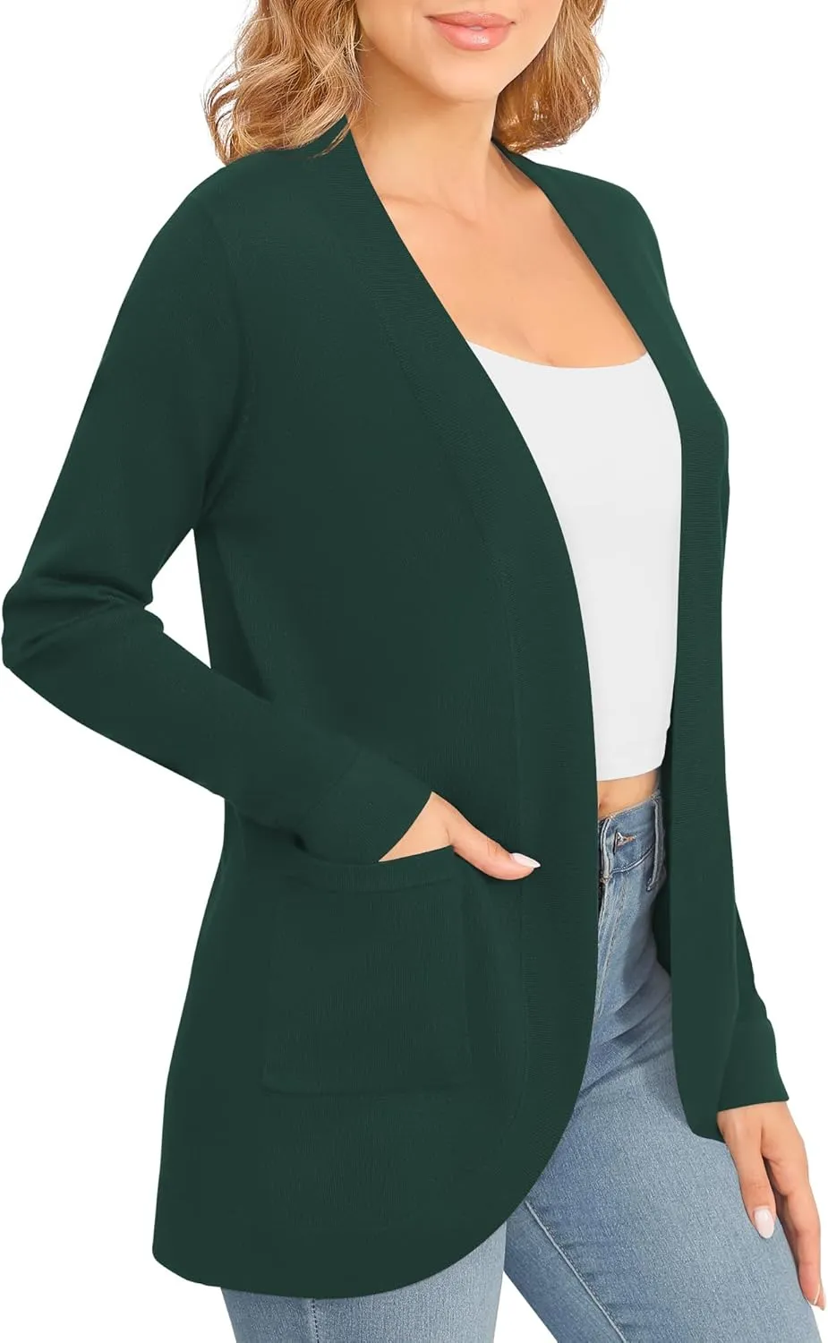 Women's Lightweight Long Sleeve Cardigan Curved Hem Knit Sweater with Pockets
