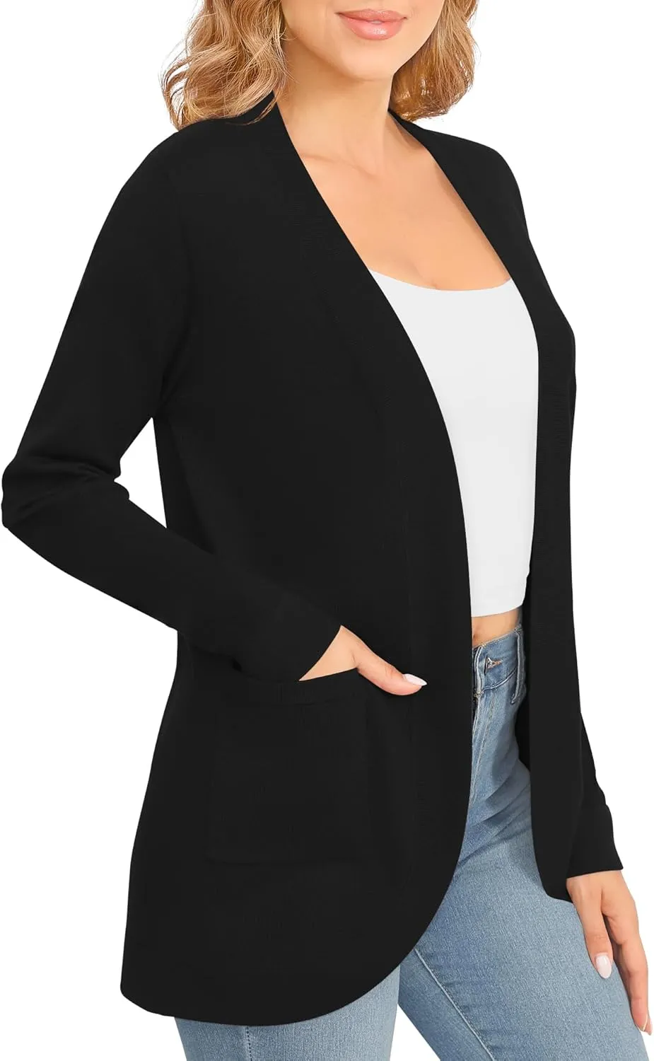 Women's Lightweight Long Sleeve Cardigan Curved Hem Knit Sweater with Pockets