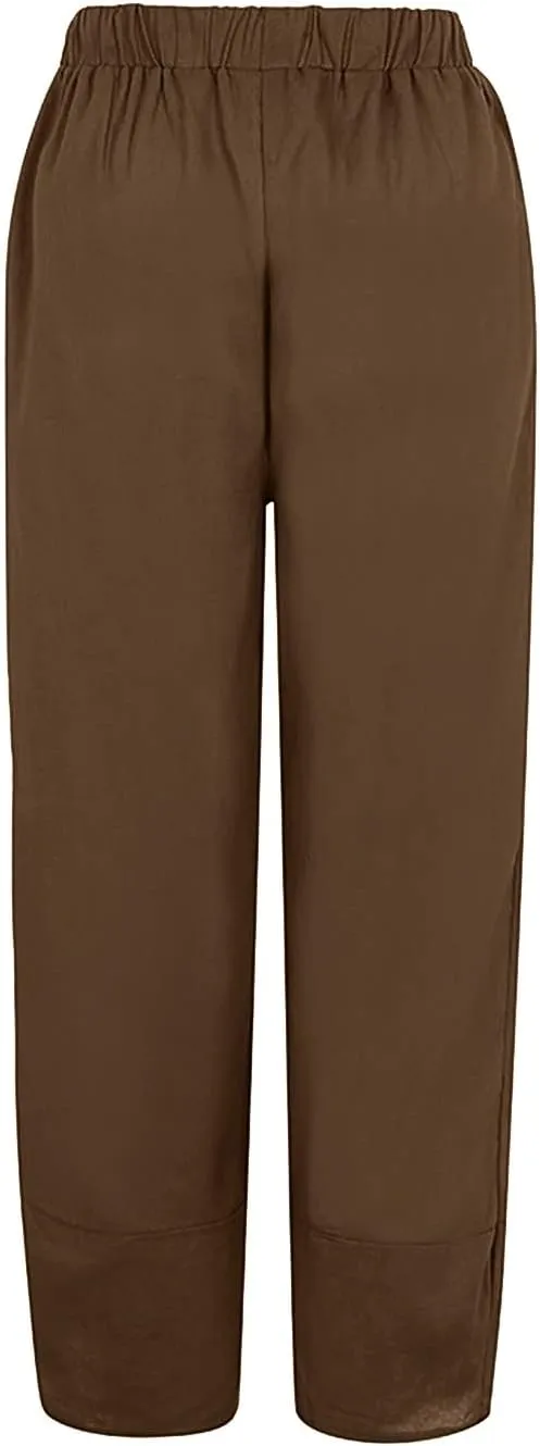 Womens Linen Blend Summer Baggy Pant Trousers Low Waist Wide Leg Plus Size Palazzo Pants Beach