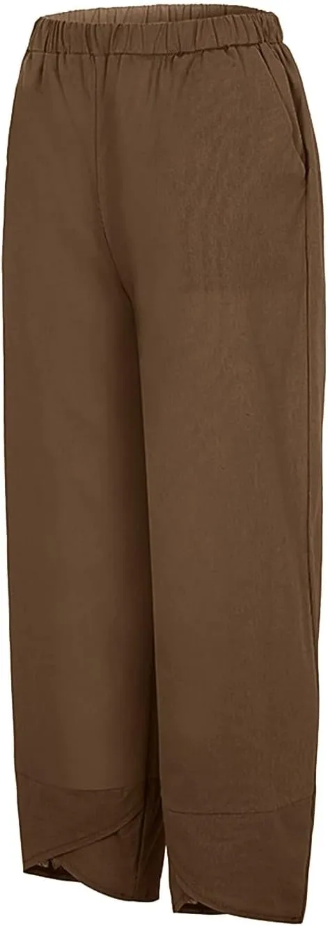 Womens Linen Blend Summer Baggy Pant Trousers Low Waist Wide Leg Plus Size Palazzo Pants Beach