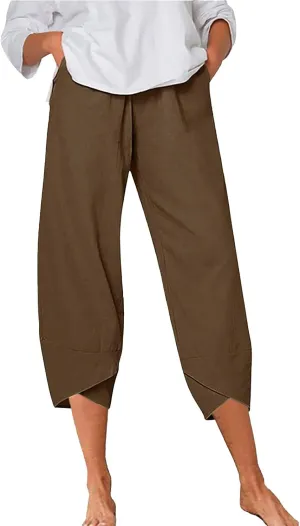 Womens Linen Blend Summer Baggy Pant Trousers Low Waist Wide Leg Plus Size Palazzo Pants Beach