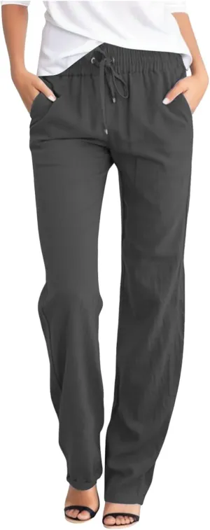 Womens Linen Blend Summer Cropped Pant Trousers Elastic Waisted Ankle Length Slim Fit Trousers Vacation