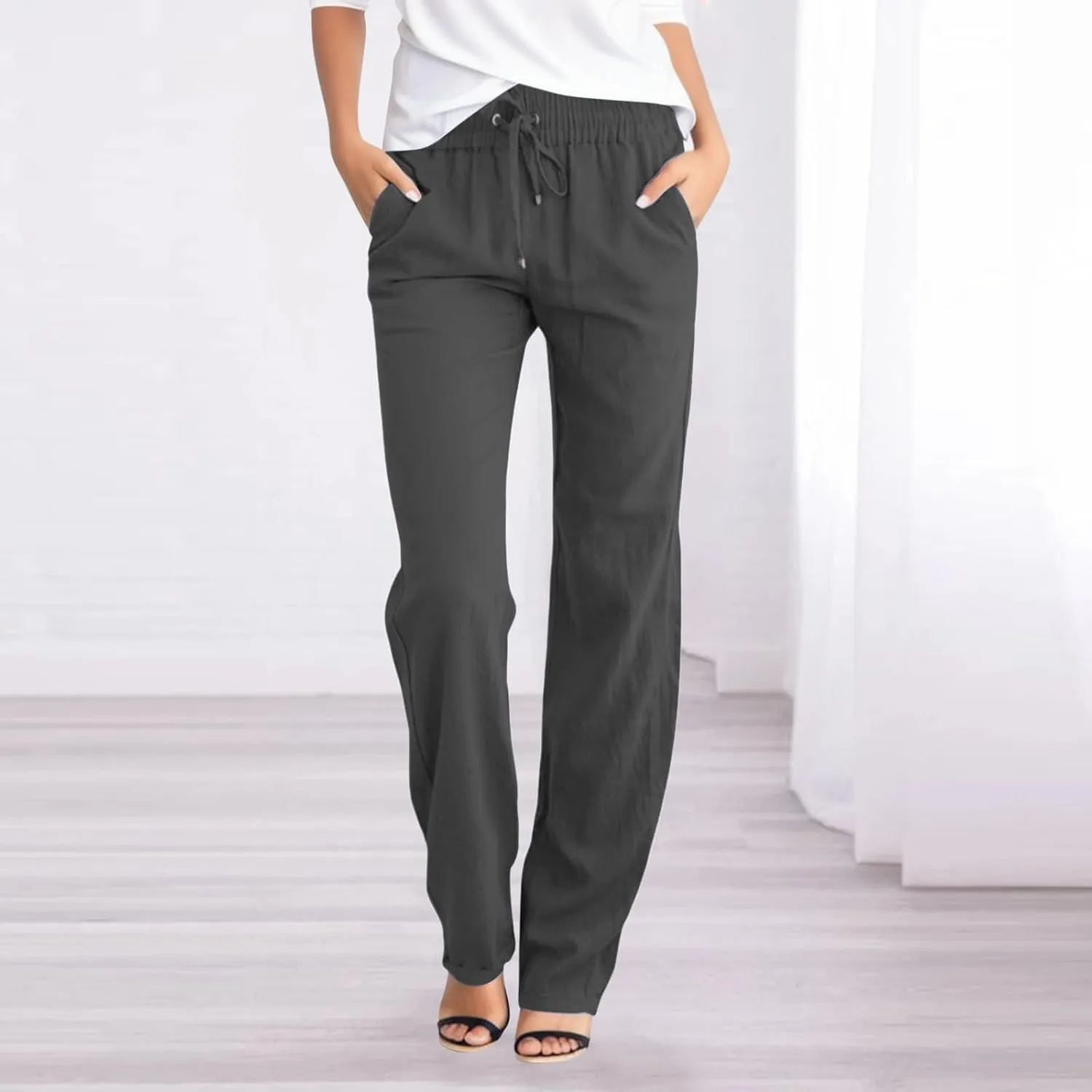 Womens Linen Blend Summer Cropped Pant Trousers Elastic Waisted Ankle Length Slim Fit Trousers Vacation