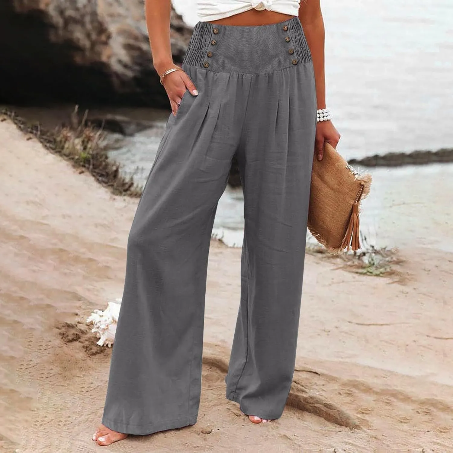 Women's Linen Blend Summer Flowy Pant Trousers Low Waist Ankle Length Loose Fit Trousers Vacation